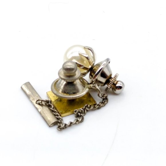 Vintage Tie Tack Bundle, Gold Tone and Pearl Lot, Classic Duo of Men's Accessori - Picture 2 of 2